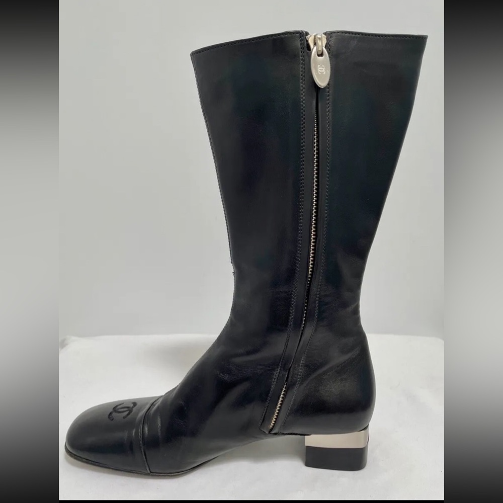 CHANEL Mid-Calf Black Leather CC Toe Silver Low Heel Boots ~ Size 37 1/2C
